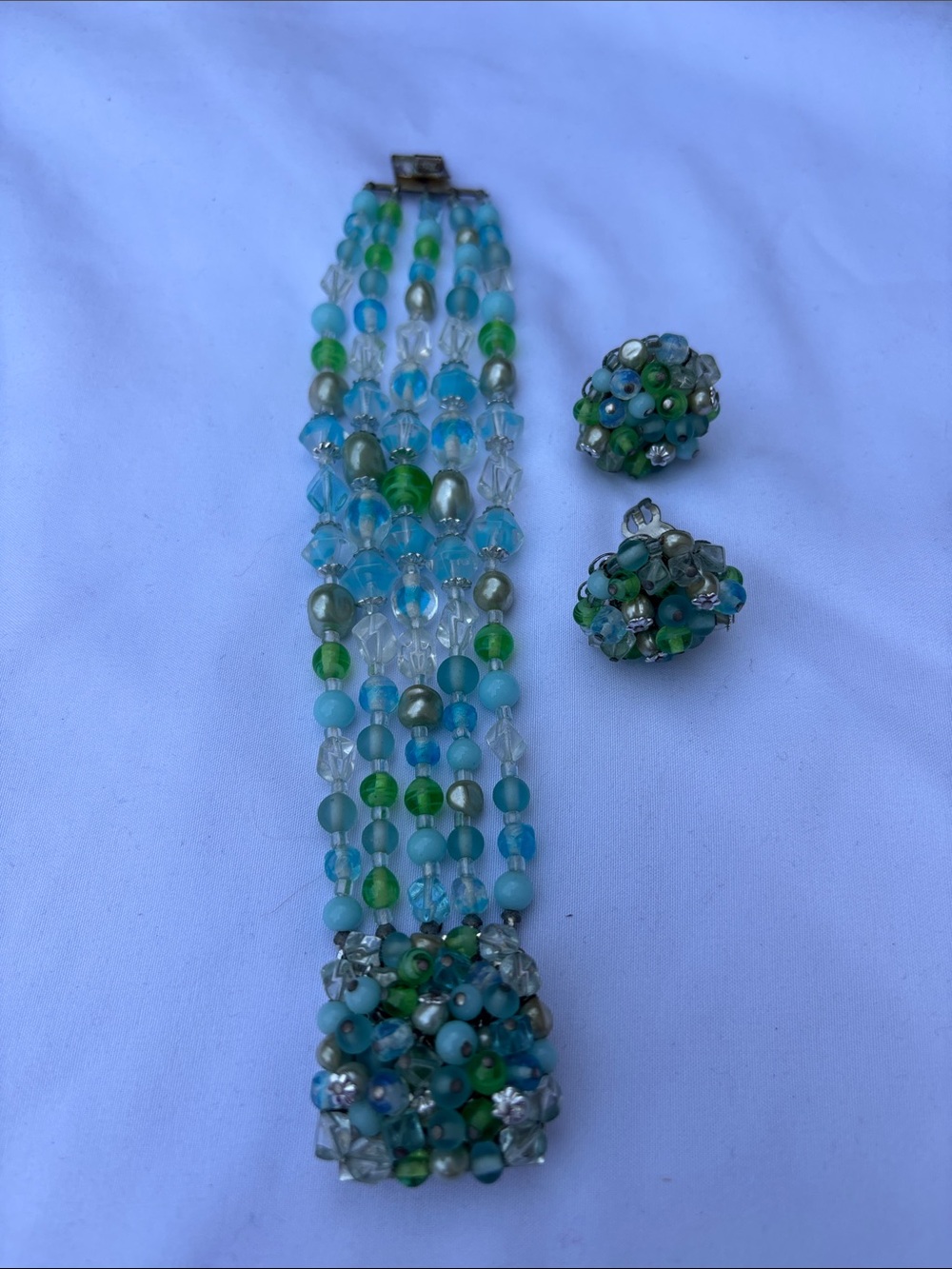Multi-Strand Blue & Green Beaded Bracelet with Matching Earrings